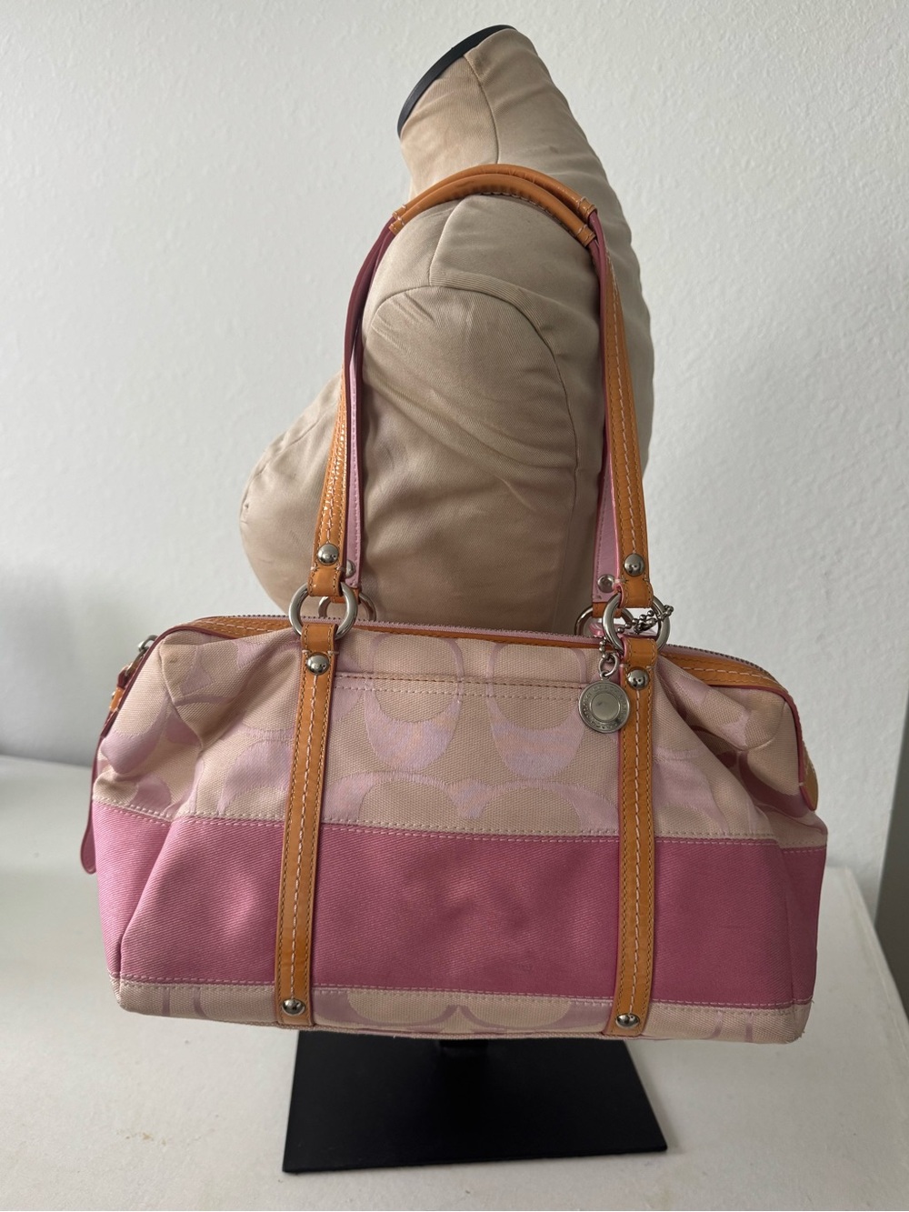Coach Signature Stripe Boston Satchel Pink Canvas Duffle Y2K Bag F13551 - Picture 2 of 14